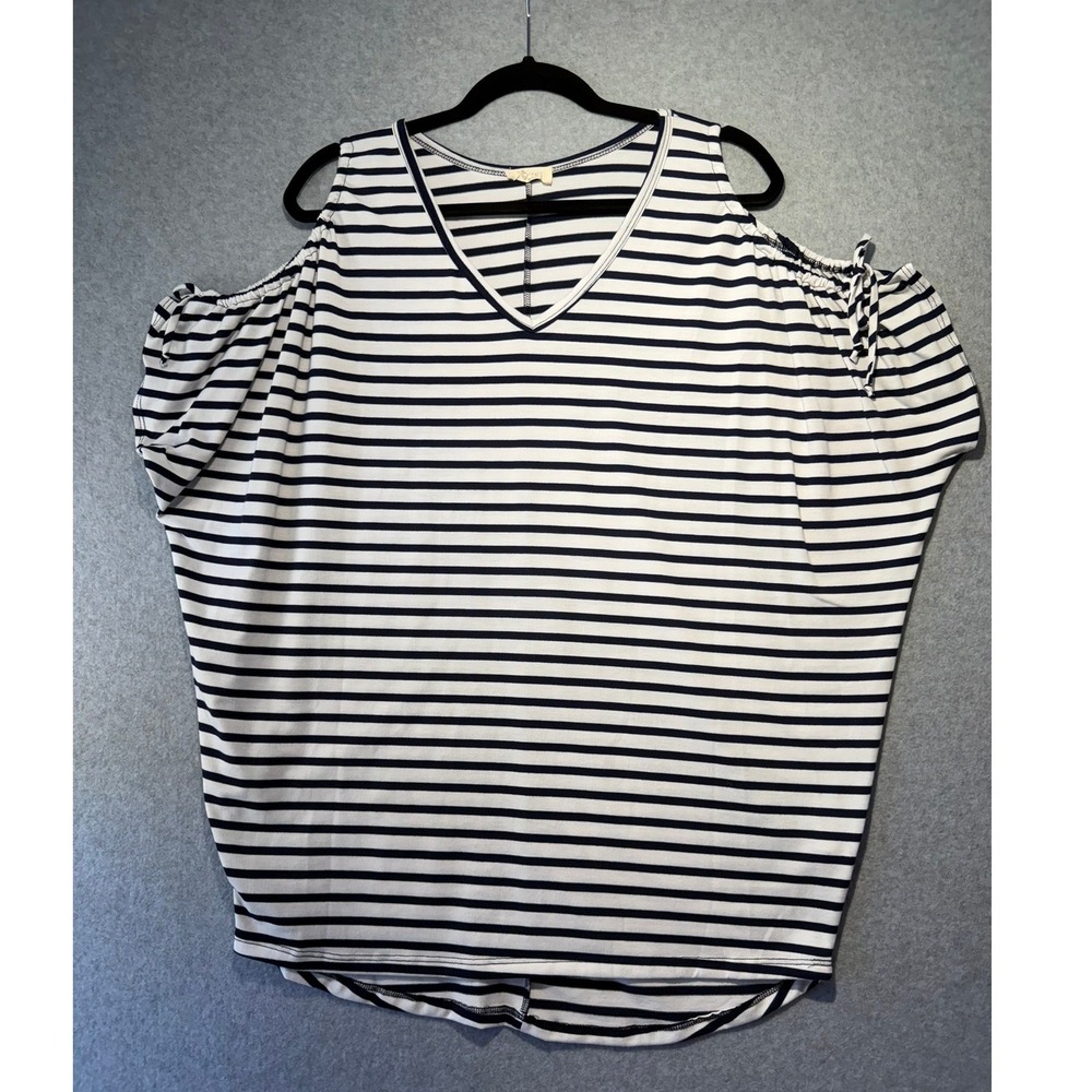 Be Stage Womens Oversized Striped Cold Shoulder V-Neck Top Navy White Medium